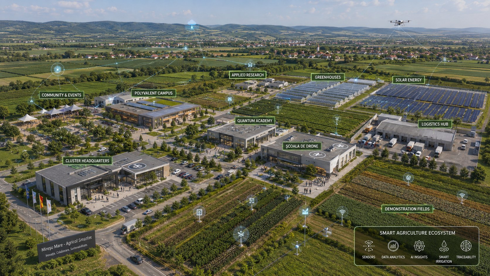 Vision of the cluster campus: headquarters, polyvalent campus, Quantum Academy, drone school, applied research, greenhouses, solar energy, logistics hub and demonstration fields