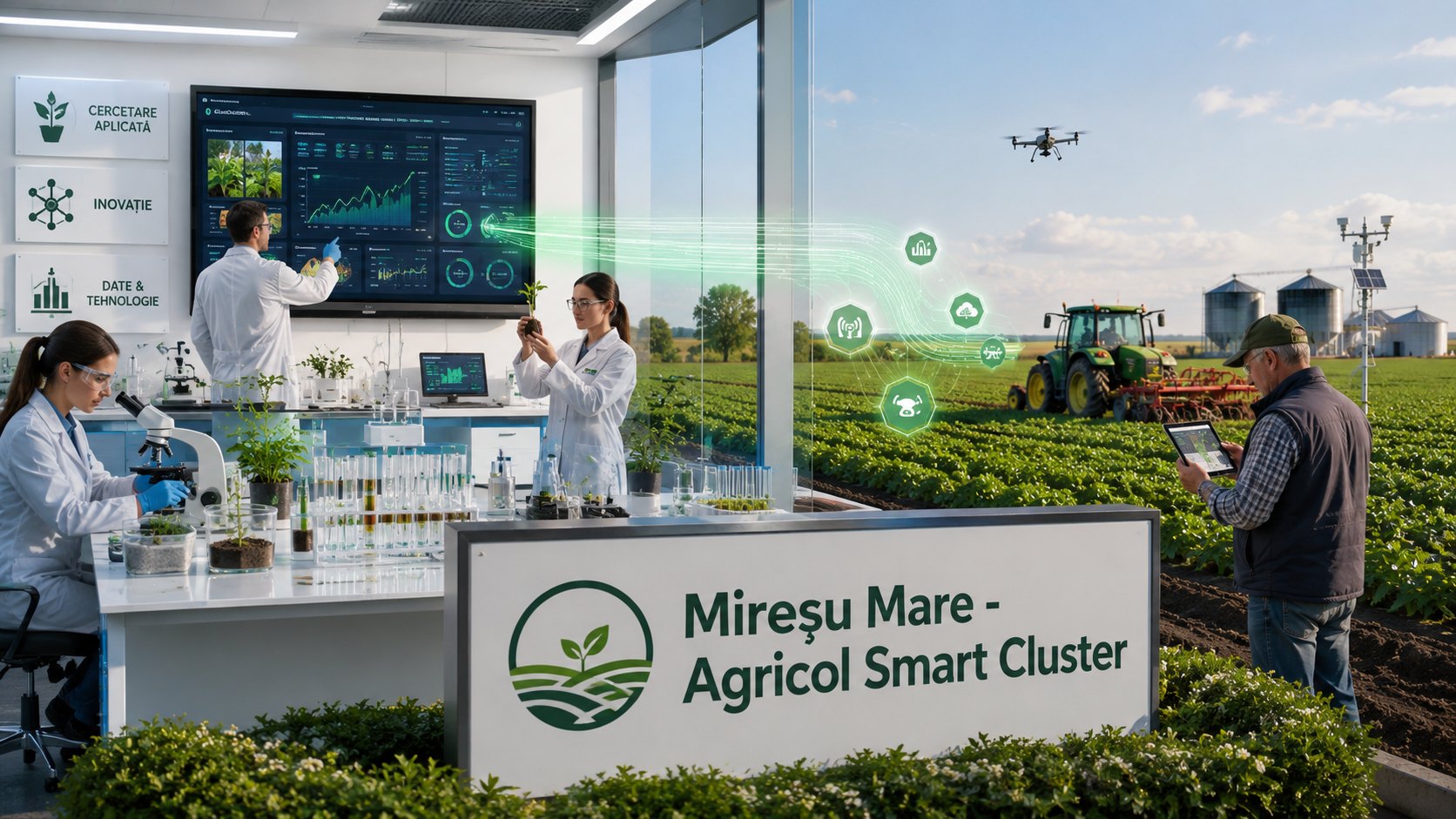 The cluster's applied-research laboratory, with researchers, data screens and a direct link to the field