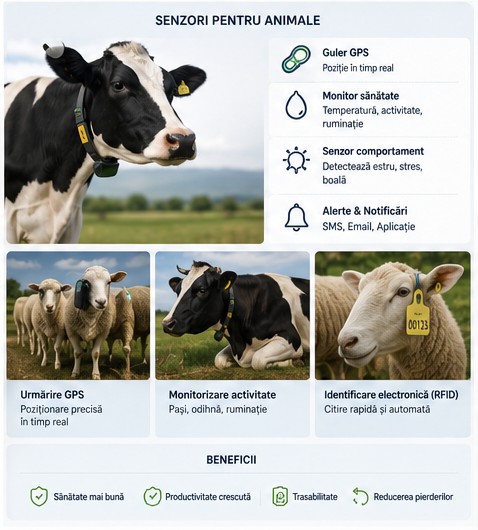 Sensors for livestock: GPS collar, health monitor, behaviour sensor, RFID identification