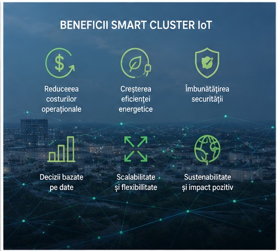 Smart Cluster IoT benefits: lower costs, energy efficiency, security, data-driven decisions, scalability, sustainability
