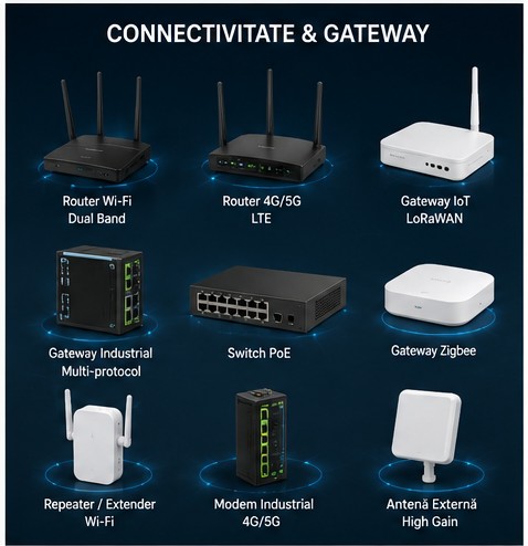 Connectivity and gateways: Wi-Fi and 4G/5G routers, LoRaWAN gateway, Zigbee, PoE switch, antennas