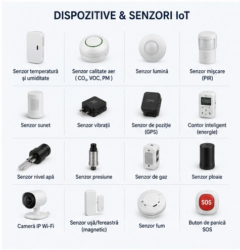 IoT devices and sensors: temperature, humidity, air quality, motion, vibration, GPS, meters, IP camera