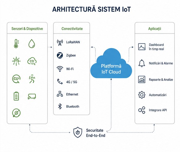 IoT system architecture: sensors, connectivity, cloud platform, applications, end-to-end security