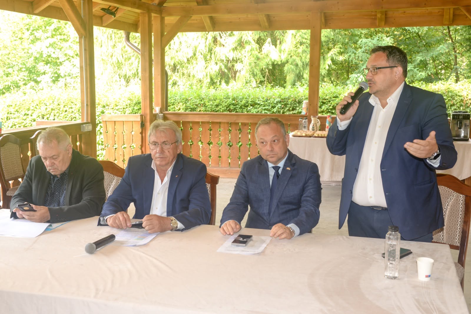 The presiding panel at the cluster launch event, in the pavilion at Mireșu Mare